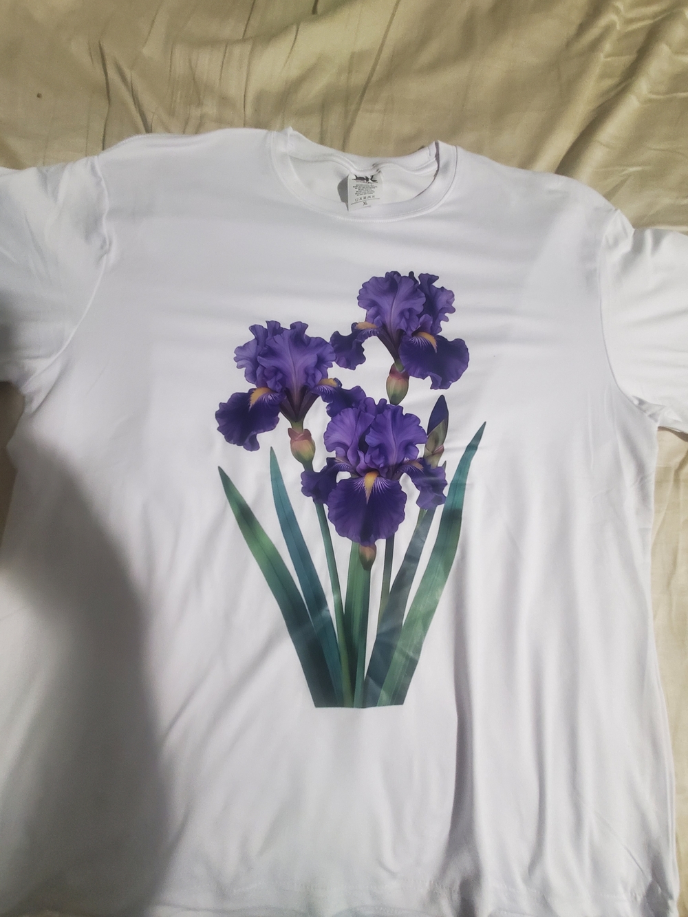 White Short-Sleeve Tee with Purple Iris Graphic